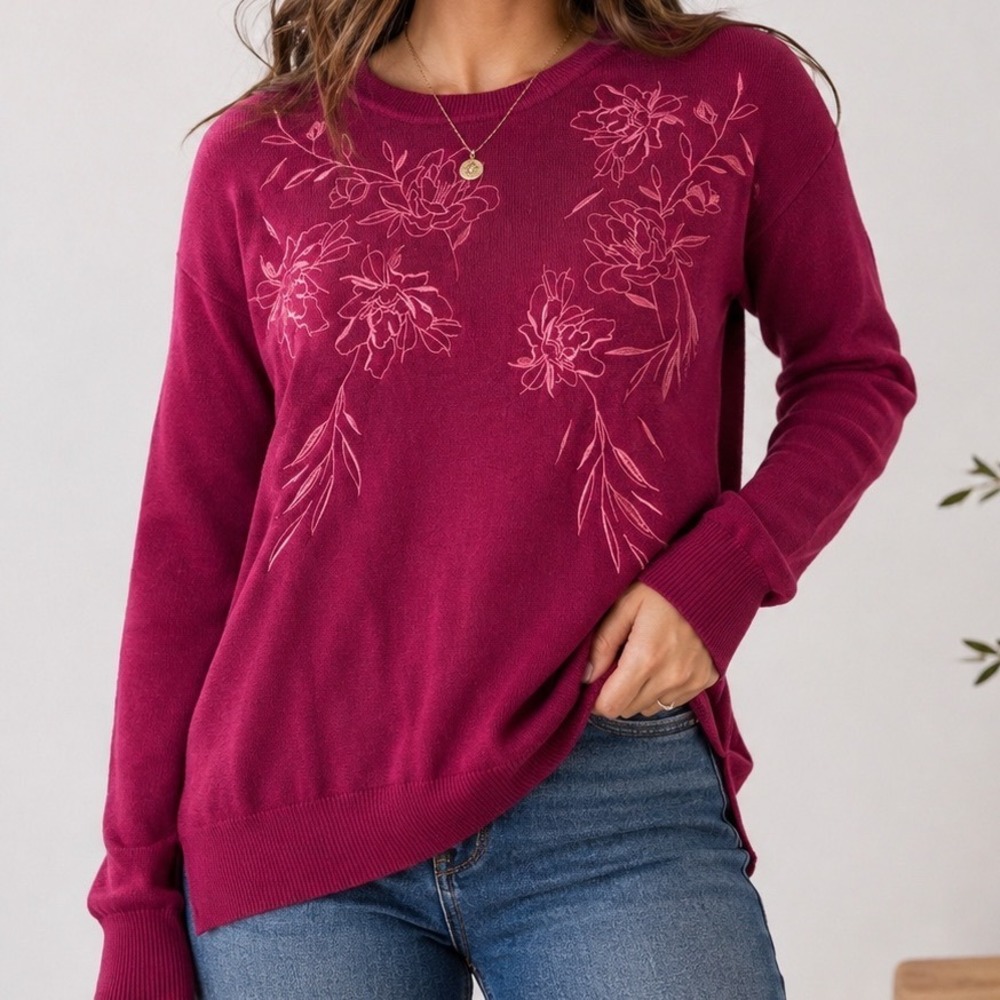 Greenfield Medium Floral Embroidered Sweater Pink Long Sleeve Cottagecore